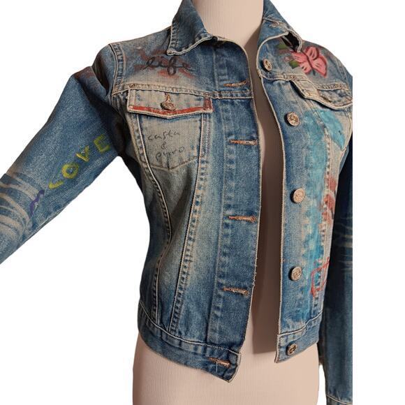 VINTAGE 90s Y2K Jean Jacket Painted Denim Butterflies‎ Artsy Studs Faded Small - Picture 3 of 14